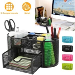 Metal Mesh Desk Organizer, 9-Compartment Pen Holder for Office & Home