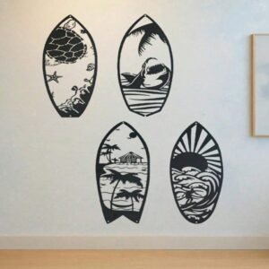 4-Piece Metal Surfboard Wall Art, Coastal Beach House Décor for Living Room & Bedroom