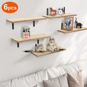 Floating Wall Shelves Set of 6, Wood Wall Mounted Shelves with Metal Brackets