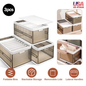 Foldable Storage Bins with Lids 3-Pack, Collapsible Closet & Pantry Organizer Baskets with Handles