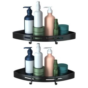 2-Pack Adhesive Corner Shower Caddy, No-Drill Aluminum Shower Organizer Shelf with Hooks