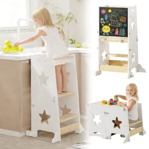 3-in-1 Toddler Kitchen Step Stool with Blackboard – Wooden Learning Tower